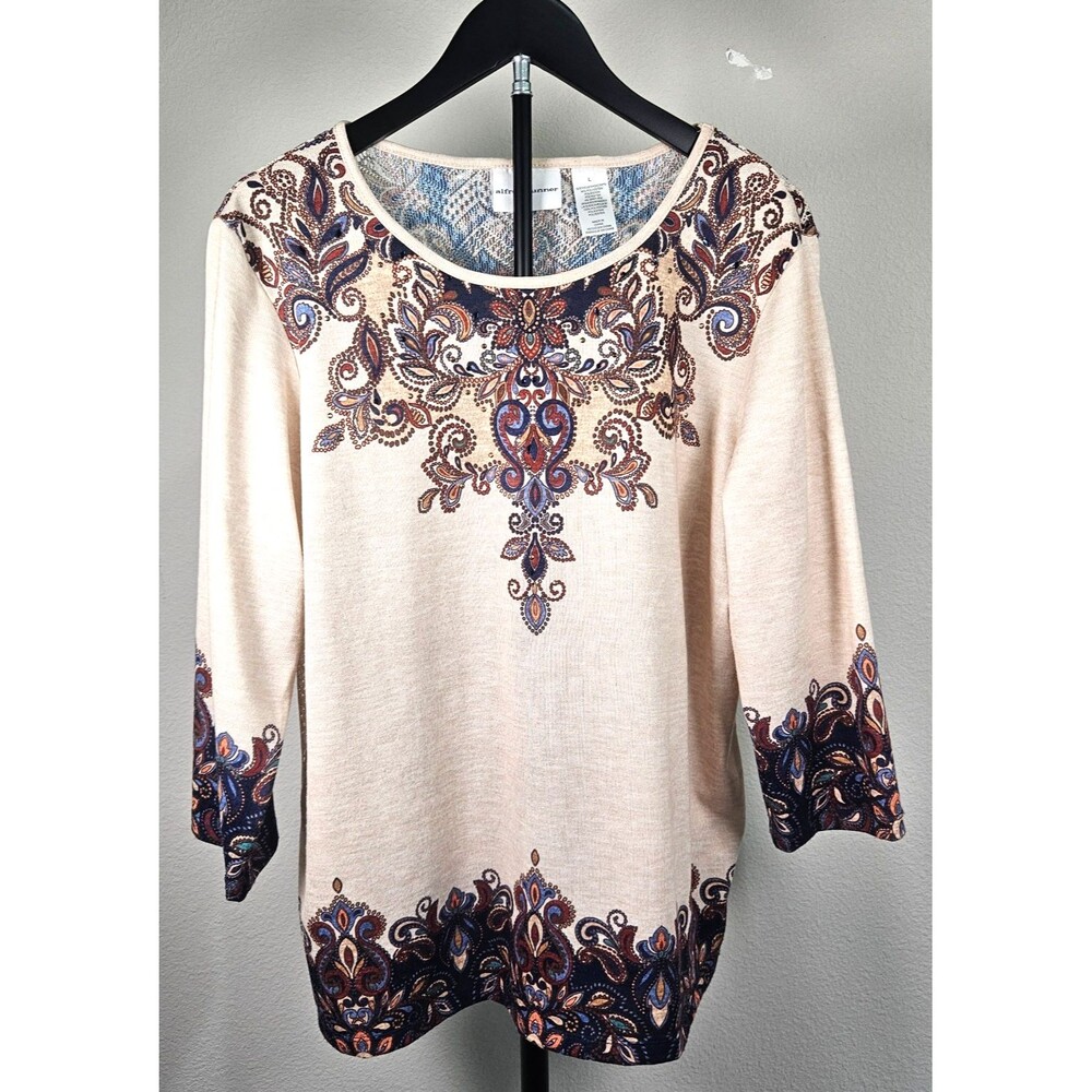 Alfred Dunner Womens Large Paisley Lace Knit Tunic Top 3/4 Sleeve Boho Beige